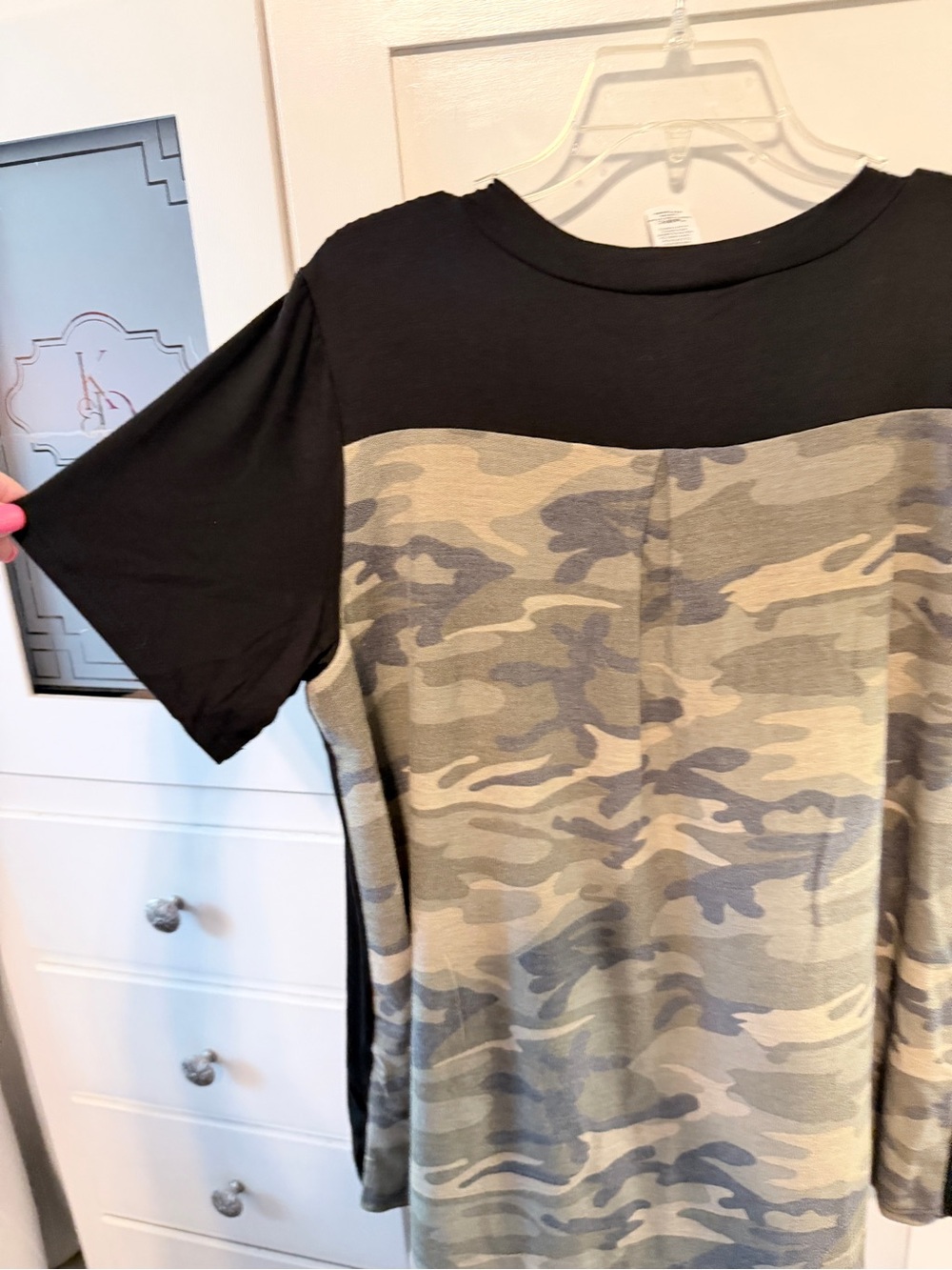 Black V-Neck Tunic with Camo Pocket